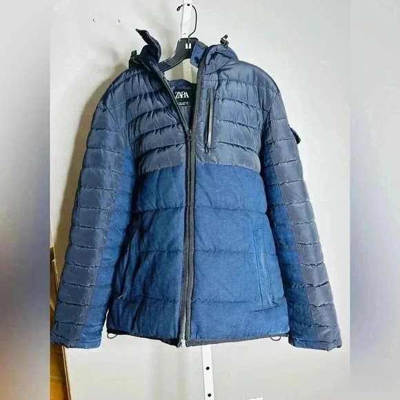 Zara Other - Zara 1975 Colorblock Hooded Puffer Jacket Navy Blue Unisex Size Medium